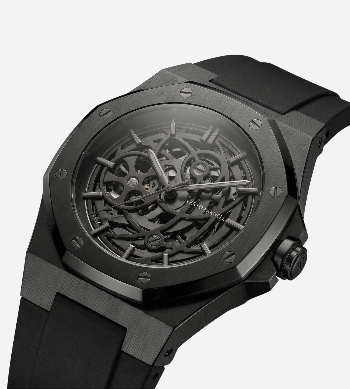 Nebula Sport Skeleton Watch side view – 316L steel case, sport rubber strap | Verso Parnell