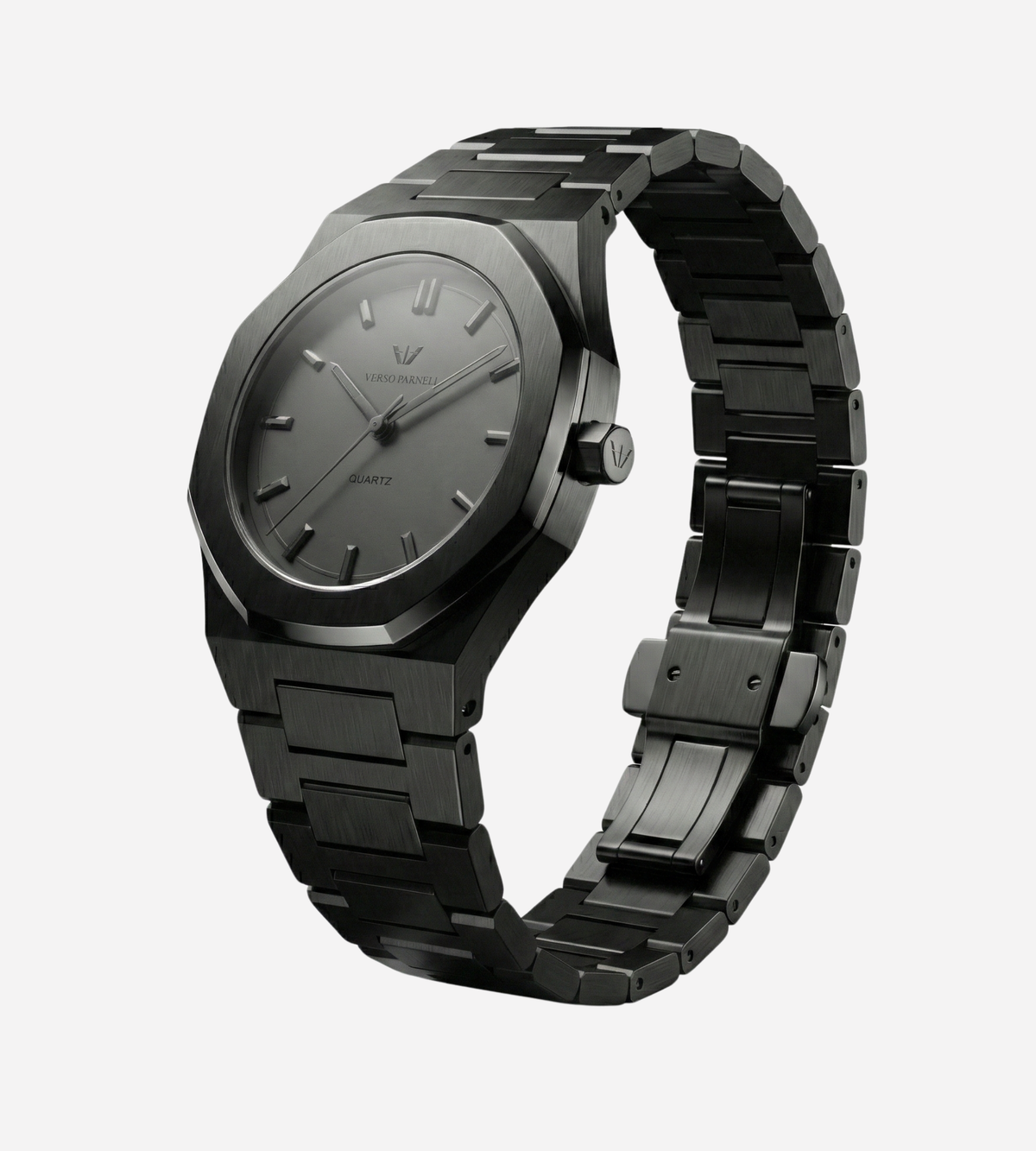 Onyx matte black watch side view – all-black PVD finish, slim profile | Verso Parnell