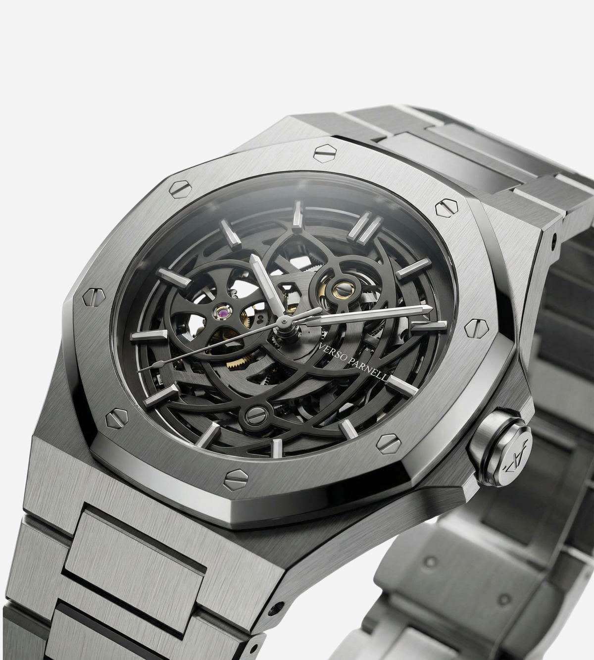 Silverera Skeleton Watch side profile – brushed and polished octagonal case | Verso Parnell