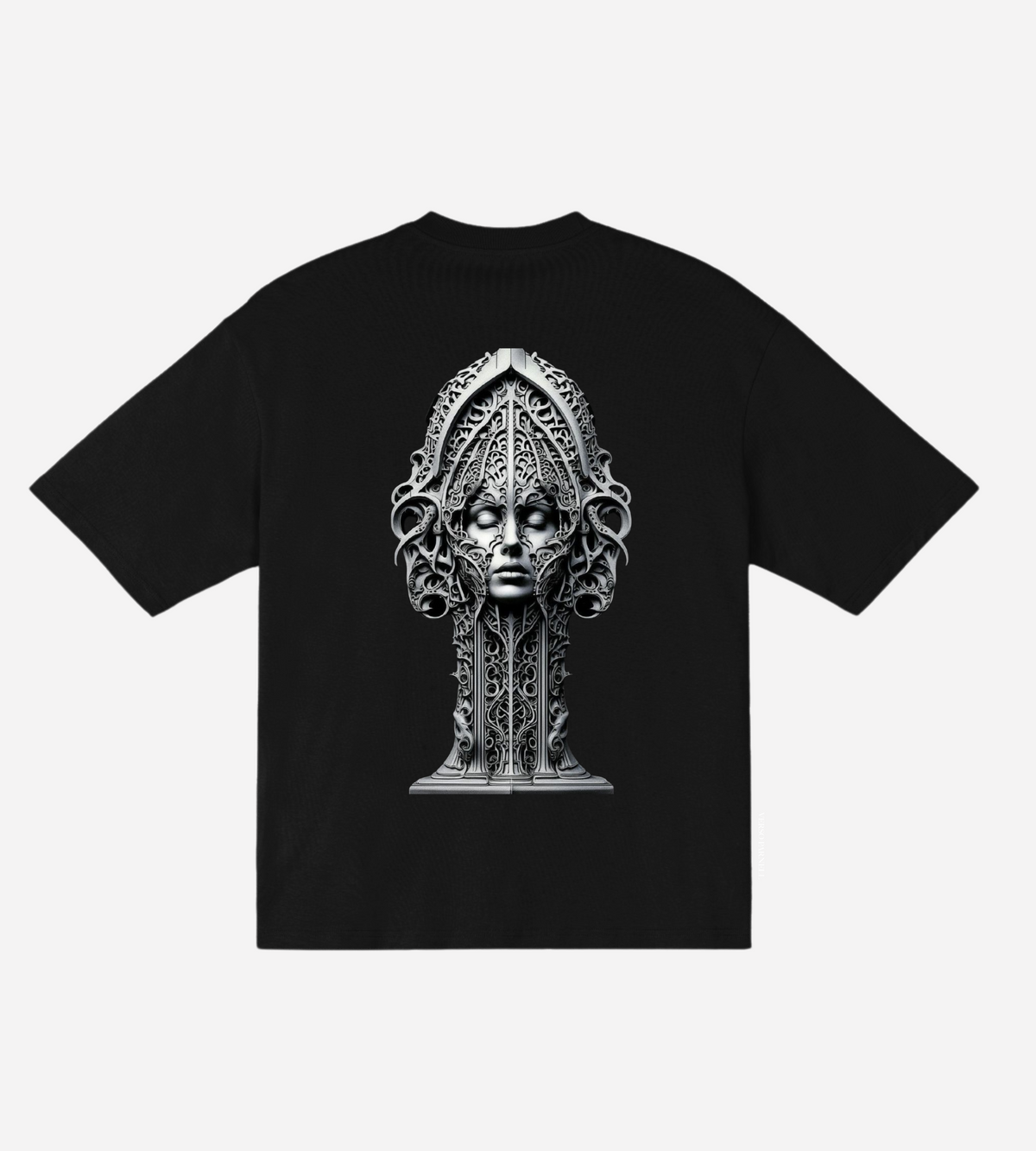 Black Oversize T-Shirt back print detail – futuristic graphic, heat-pressed | Verso Parnell